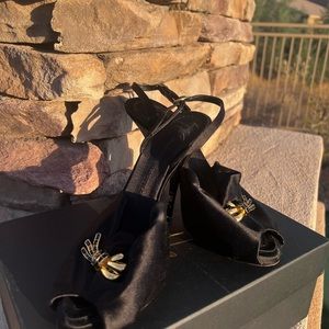 Giuseppe Zanotti black satin 4.5” heel shoe women size 8 1/2 in fair condition